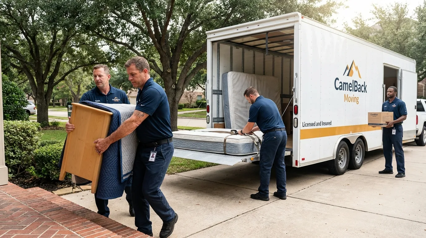 Crew loading residential truck for cross-state move from Livonia, NY