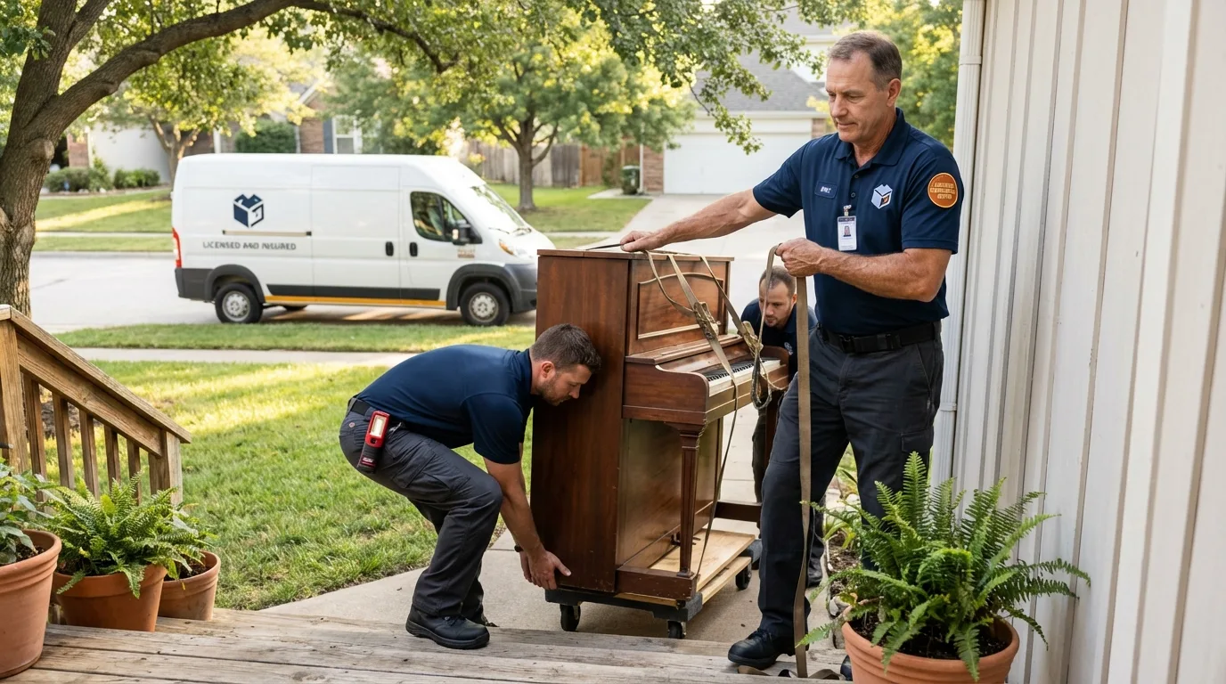 Licensed piano movers securing grand piano in Livonia, NY