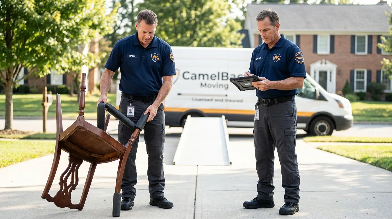 Movers inspecting furniture for damage prevention before loading in Livonia, NY