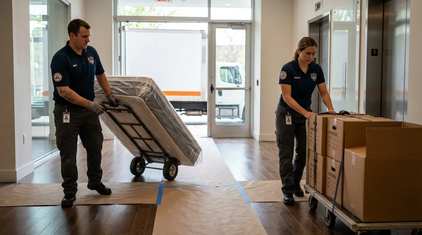 Professional apartment movers loading elevator in Livonia, NY